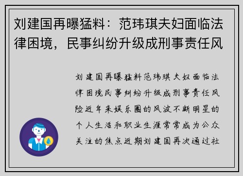 刘建国再曝猛料：范玮琪夫妇面临法律困境，民事纠纷升级成刑事责任风险