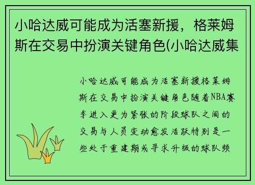 小哈达威可能成为活塞新援，格莱姆斯在交易中扮演关键角色(小哈达威集锦)