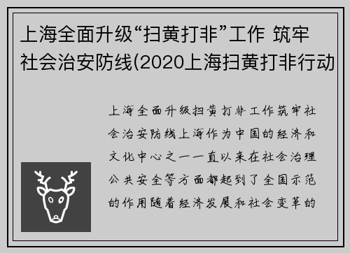 上海全面升级“扫黄打非”工作 筑牢社会治安防线(2020上海扫黄打非行动)