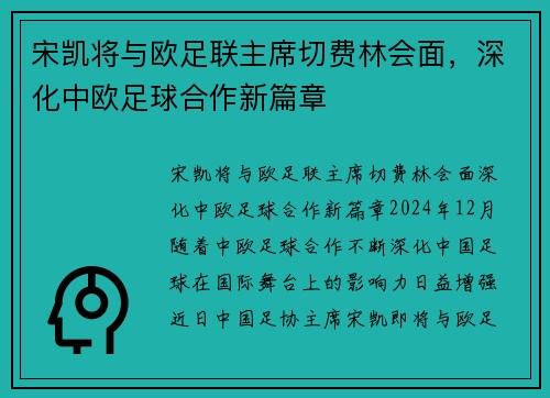 宋凯将与欧足联主席切费林会面，深化中欧足球合作新篇章