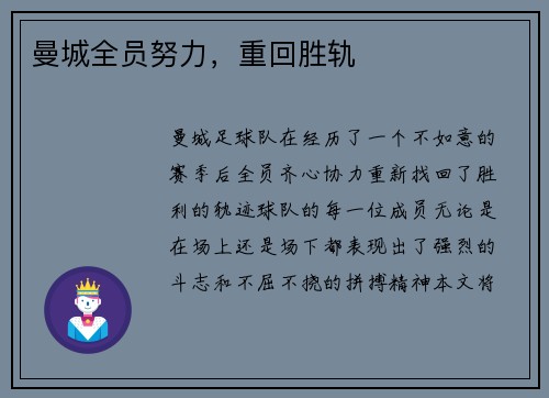 曼城全员努力，重回胜轨